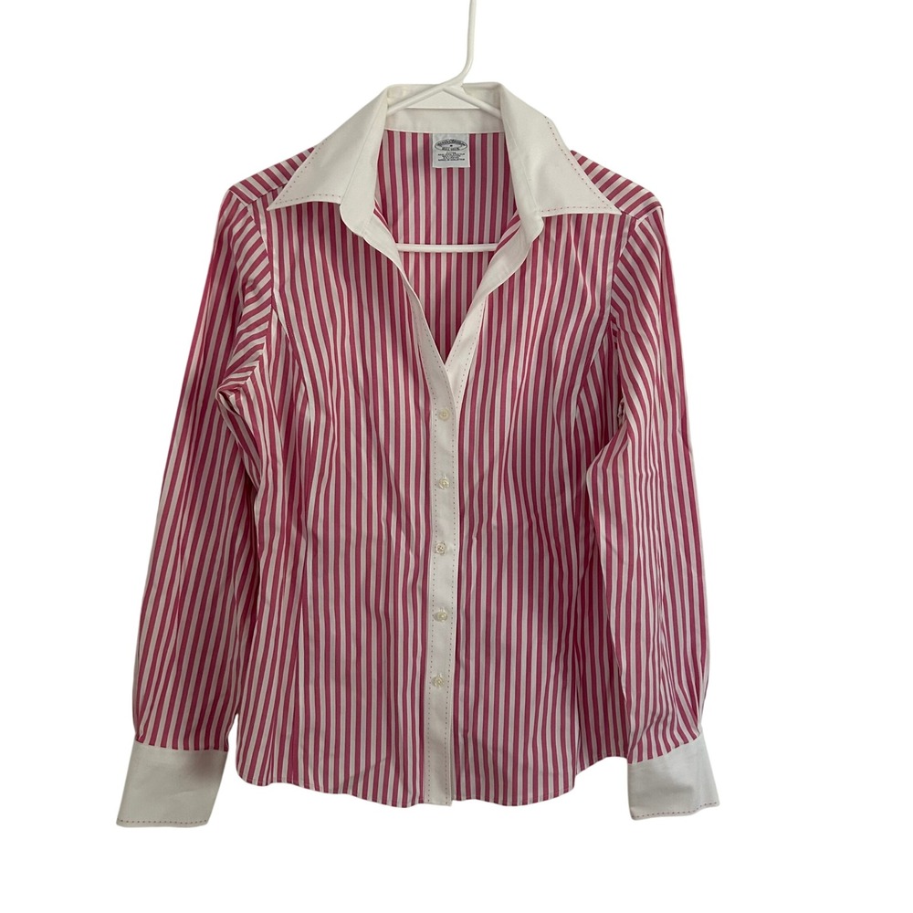 Brooks Brothers Women's Fitted No Iron Pink Striped Button Front Blouse 8